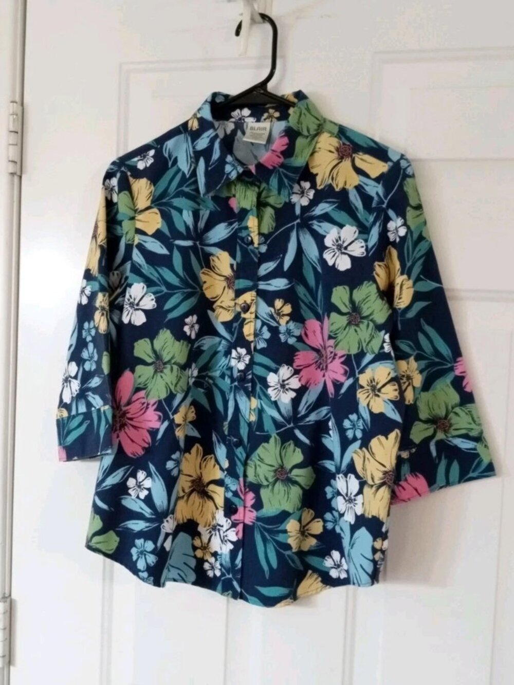 Blair Women's Small Polyester Rayon Blue 3/4 Sleeves Hawaiian Shirt Button Up
